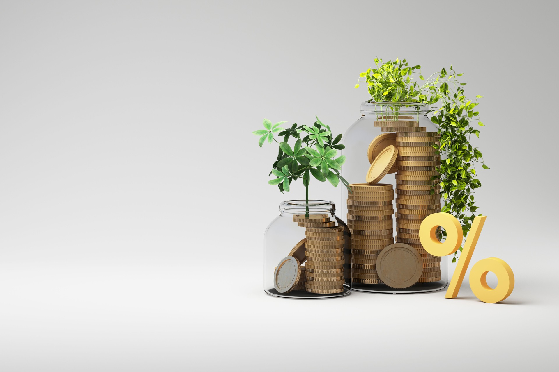 Two money trees growing from jars filled with coins and a golden percent sign, illustrating interest, profit, and investment growth. 3d rendering