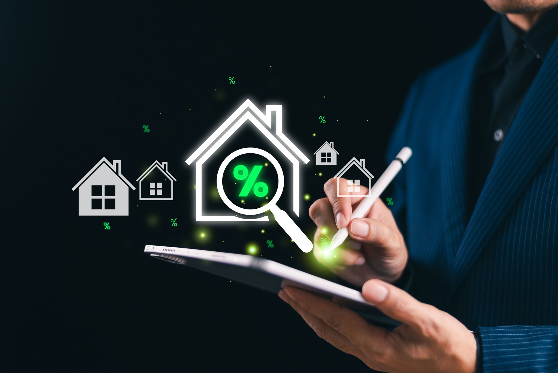 High financial interest rate concept. Economy dividend investment tax. Home mortgage business provision financial service. Man use tablet, magnifier glass compare house loan interest percent icon