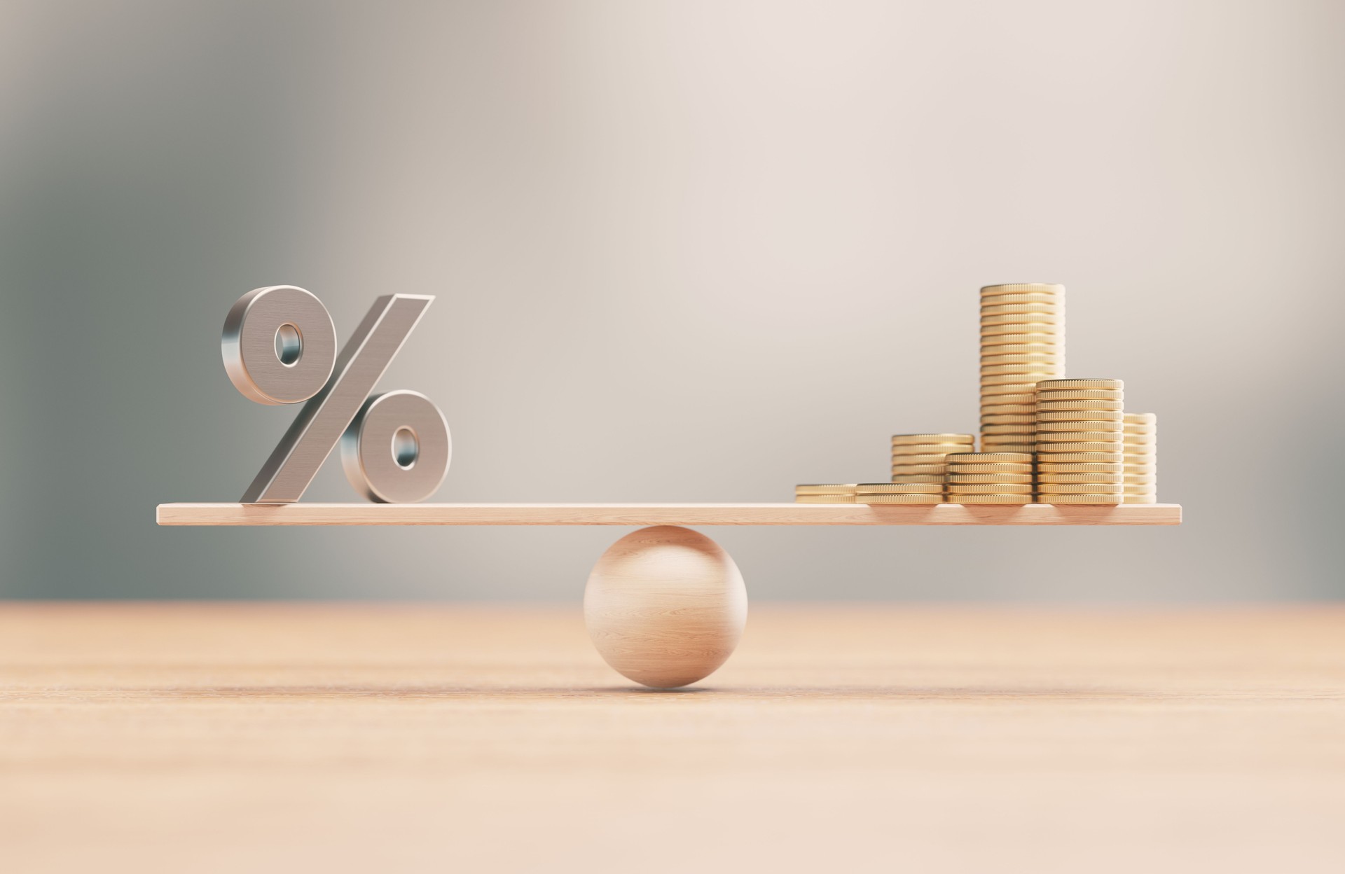Percentage Sign And Gold Coins On A Wood Balance Scale - Finance And inflation Concept